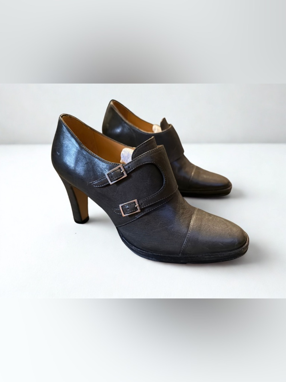 Women's Double-Buckle Gray Leather Ankle Booties